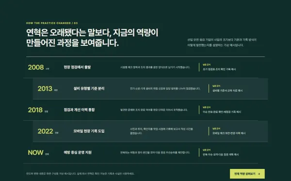 변화 중심 회사 연혁 블록 화면