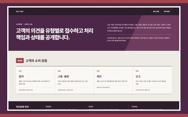 고객의 소리·민원 처리 안내 블록 화면