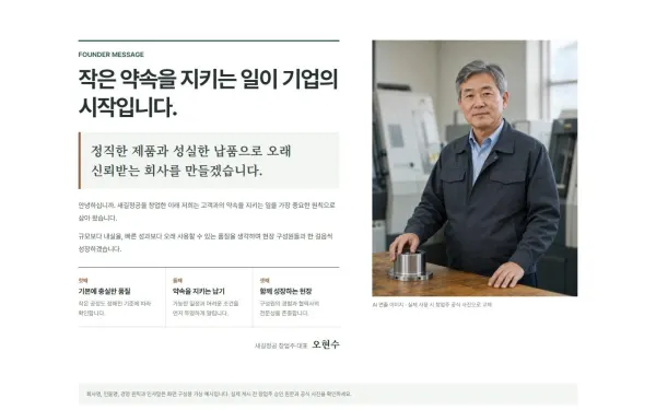 창업주 경영철학 인사말 블록 화면