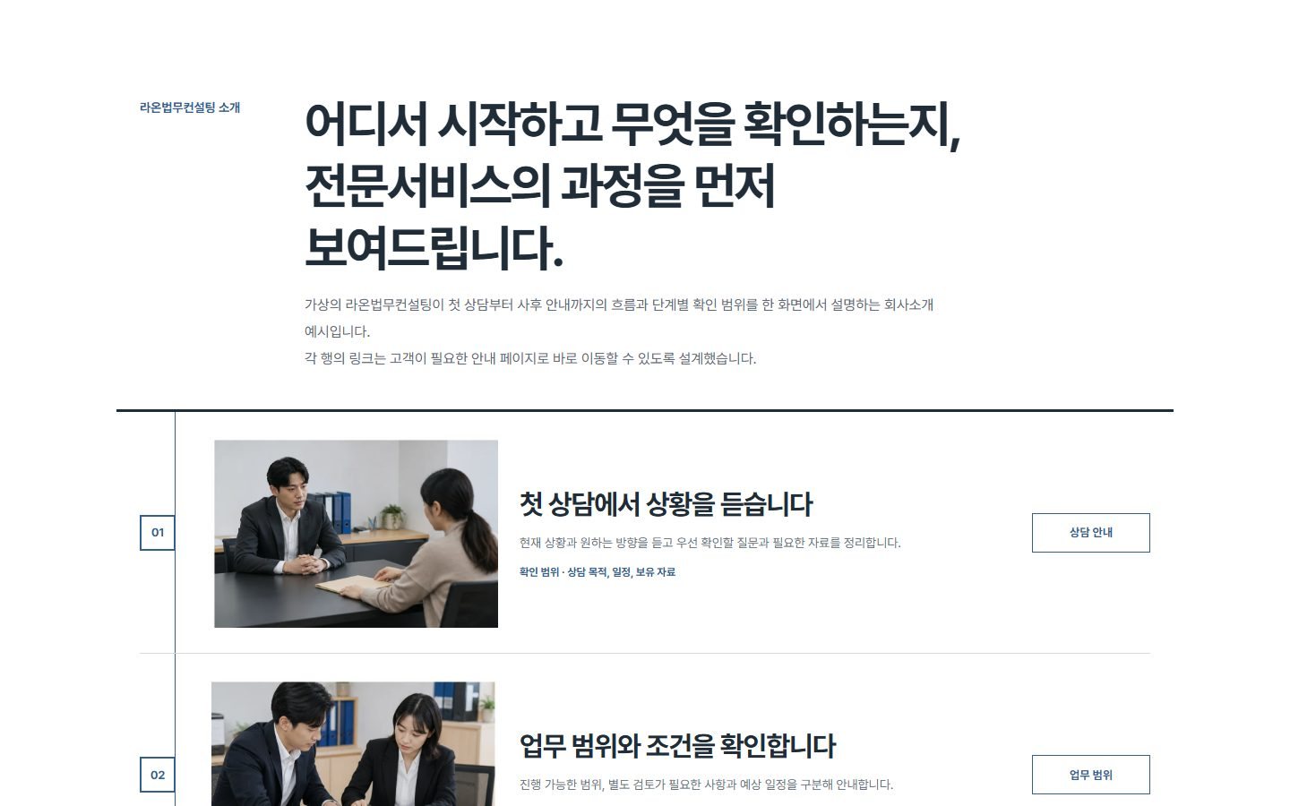 전문서비스 절차형 회사소개 블록 화면