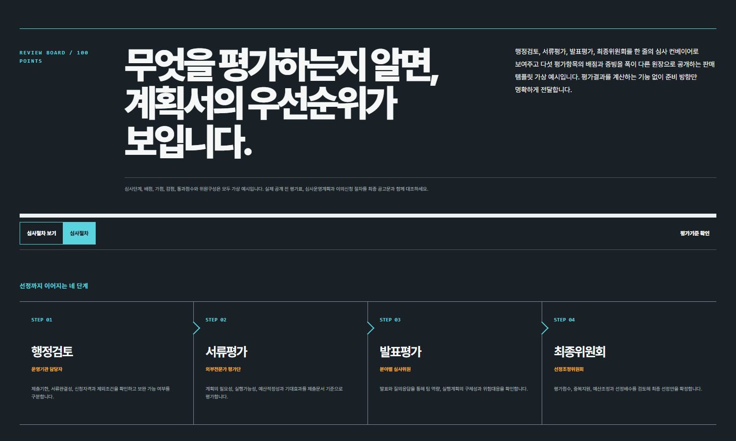 심사절차·평가기준 공개 블록 화면