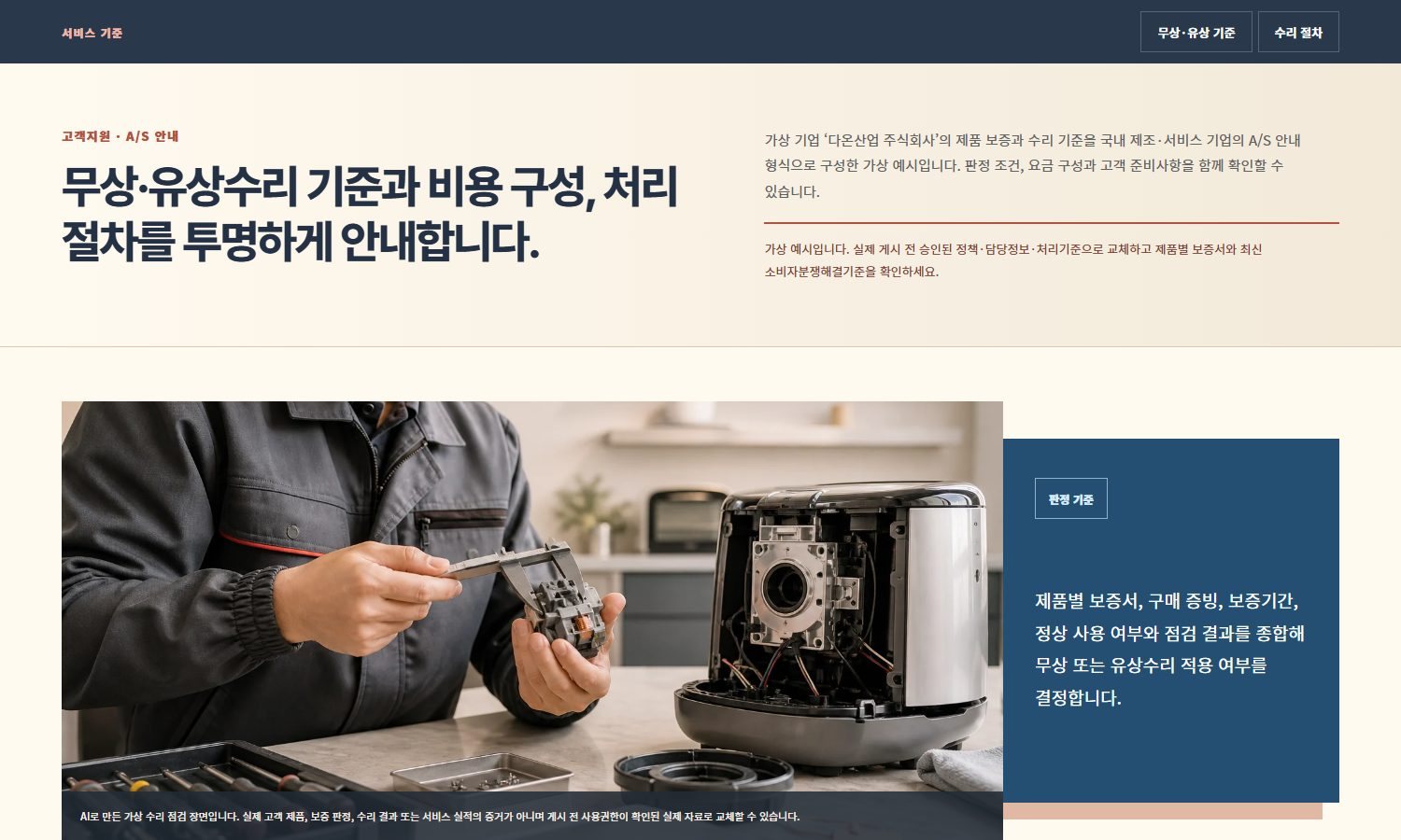 A/S·보증·수리 기준 블록 화면
