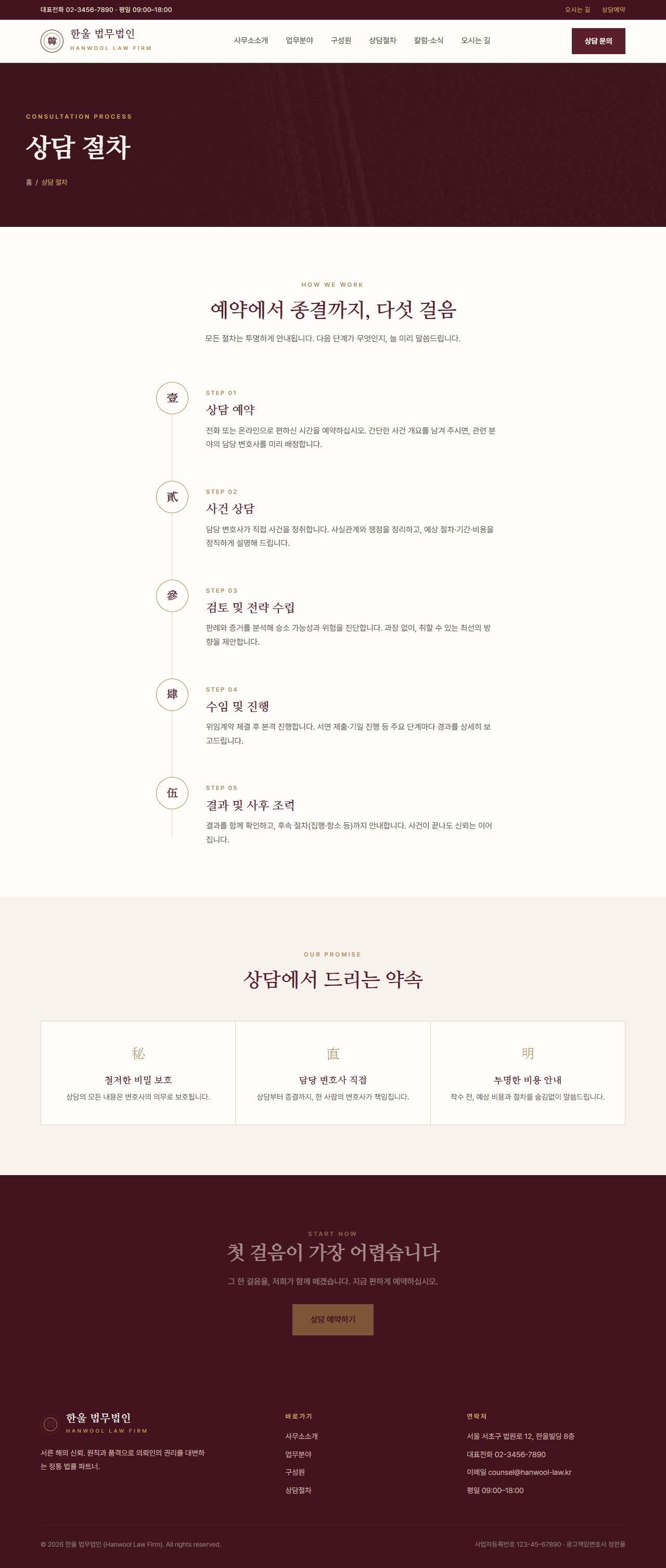 HANWOOL — 법률/세무 멀티페이지 (클래식 격식) — 상담절차