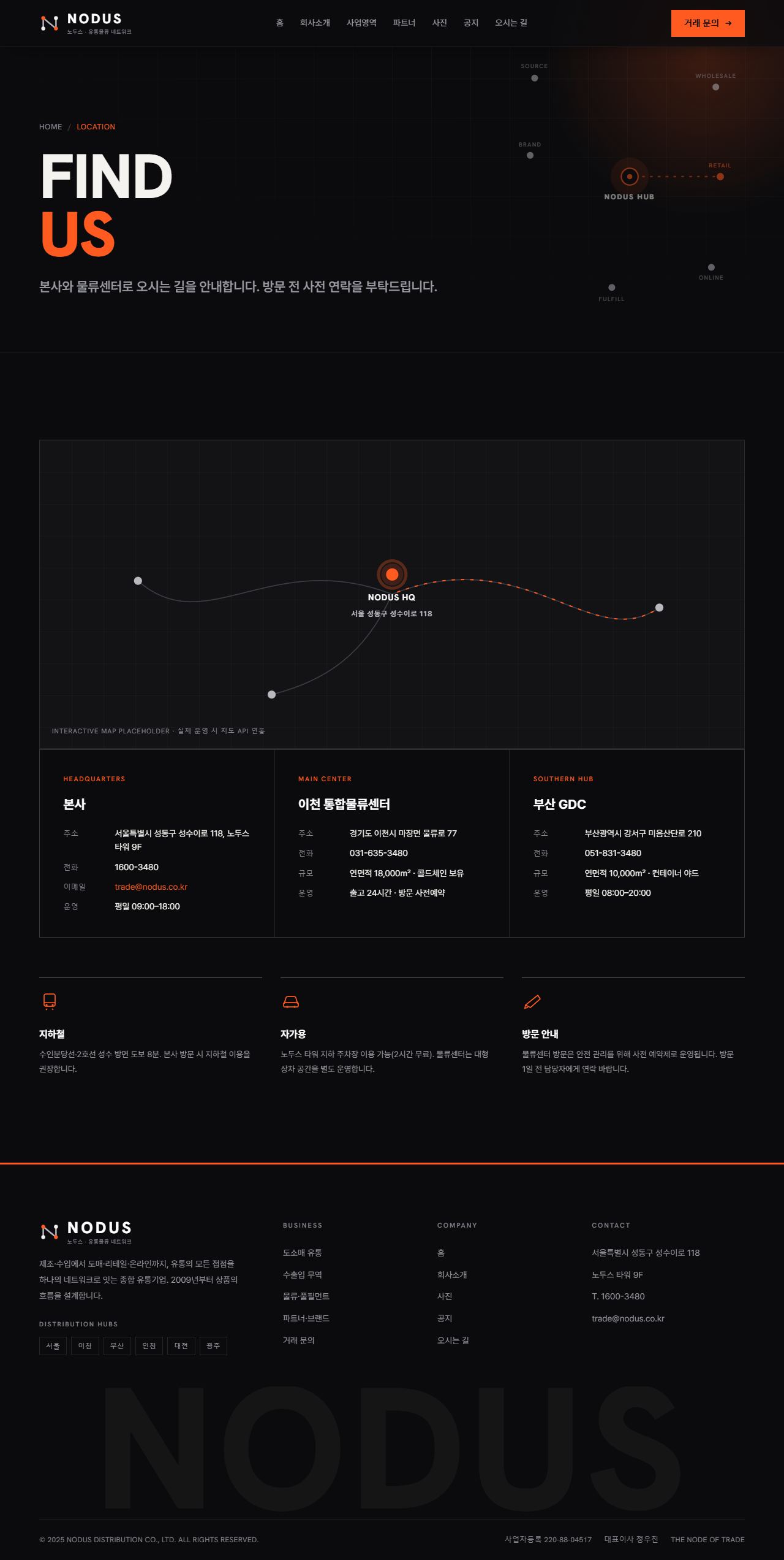 NODUS 노두스 — 유통·물류 (잉크블랙 편집형+오렌지) — 오시는 길