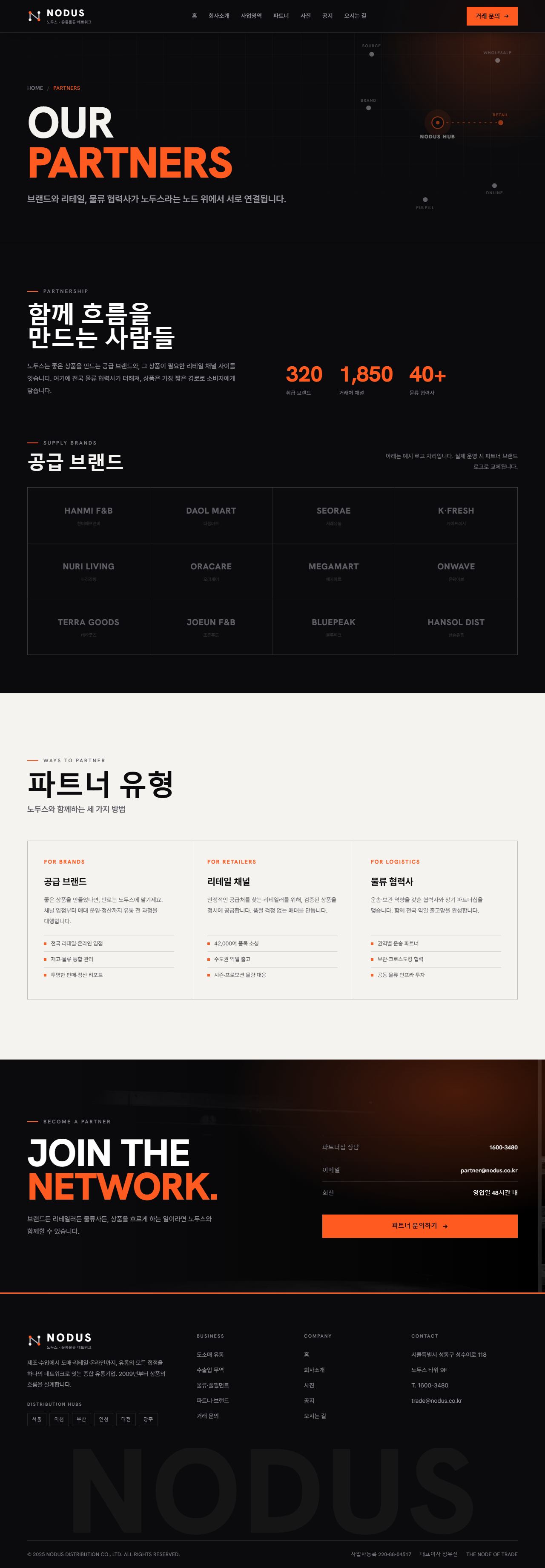 NODUS 노두스 — 유통·물류 (잉크블랙 편집형+오렌지) — 파트너